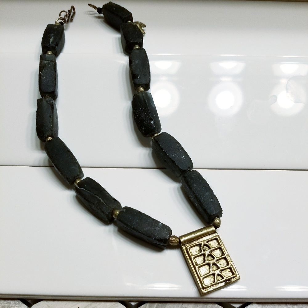 MAIK green glass bead and brass African choker/16"